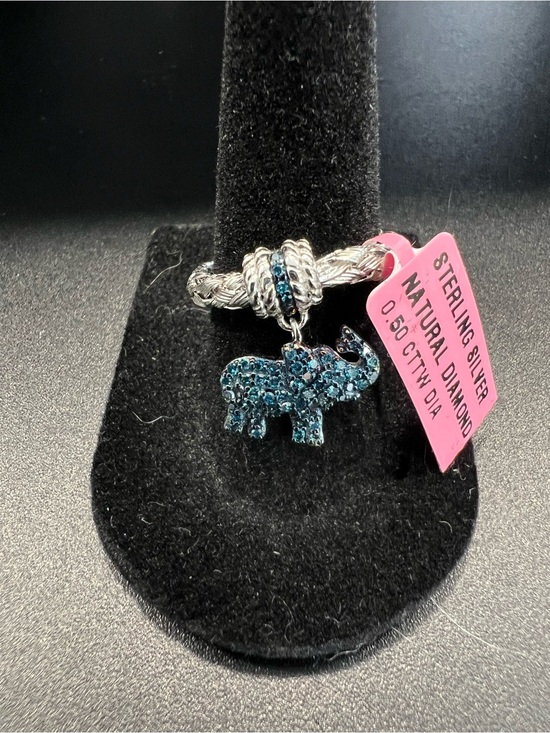 Jewelry - Sterling Silver 925 Pavé Natural Blue Diamond Elephant Charm Ring .50ctw
